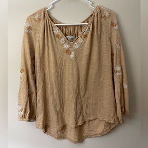 Boho Embroidered Peasant Blouse Cupio Medium Tan Floral V-Neck Cottagecore Top